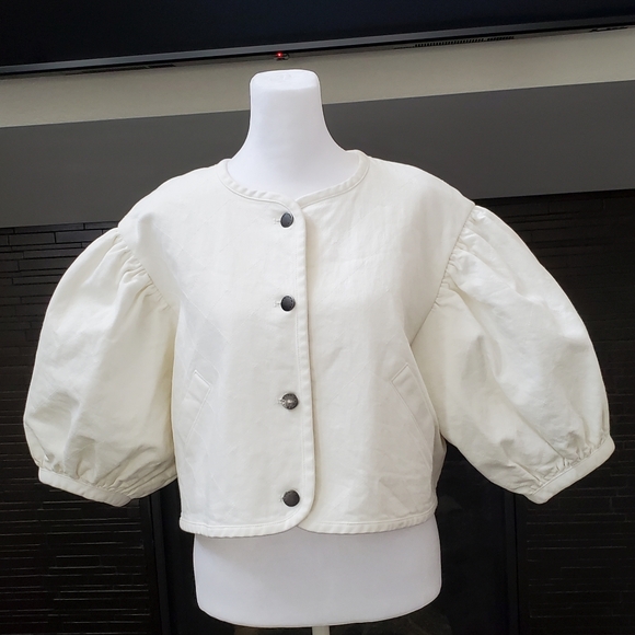 Tanya Taylor "Samantha" Puff Sleeve Cropped Jacket, Lined, Cream, Sm, NWT - Picture 3 of 16